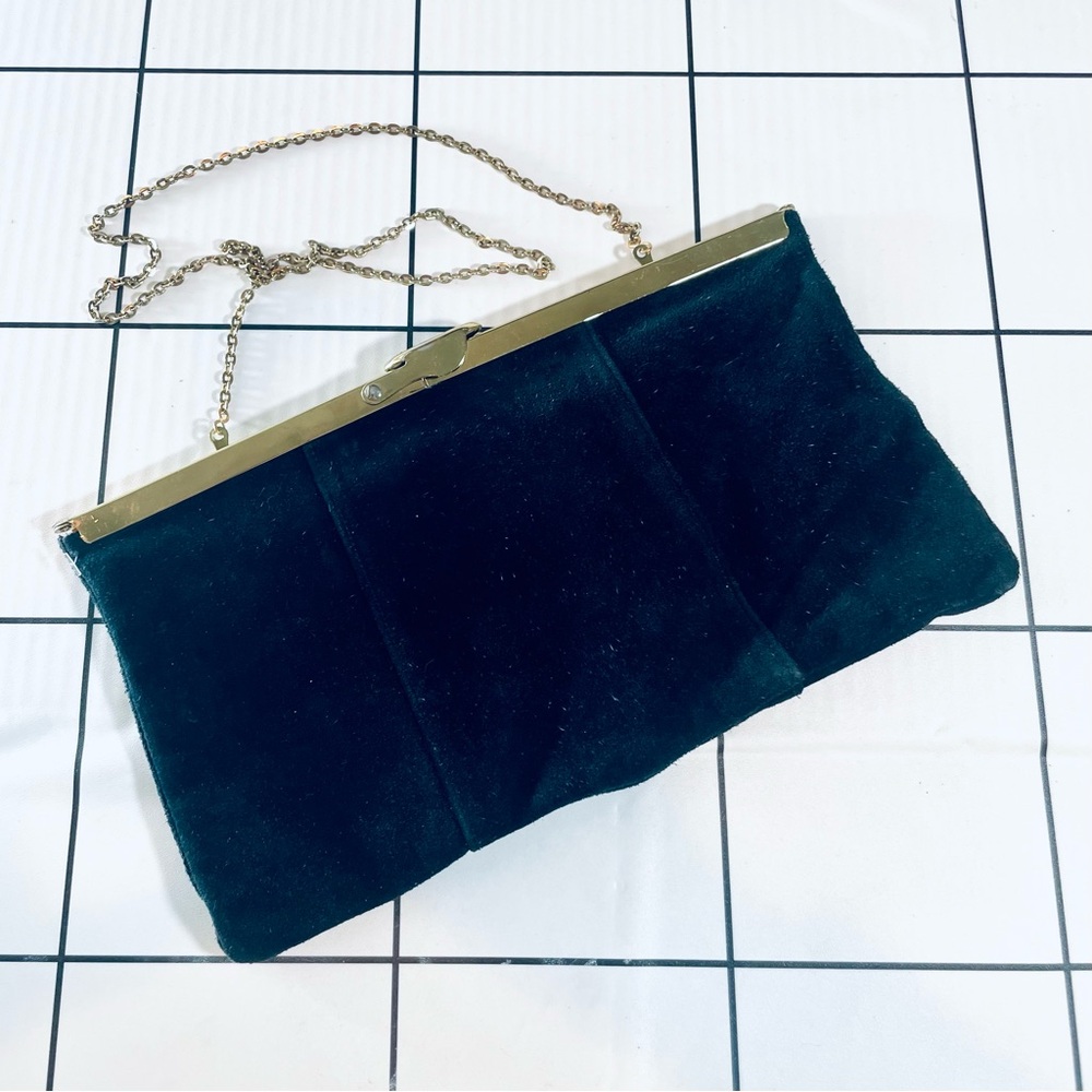 Vintage 1960’s Pegi Paris Black Suede Clutch with Gold Chain